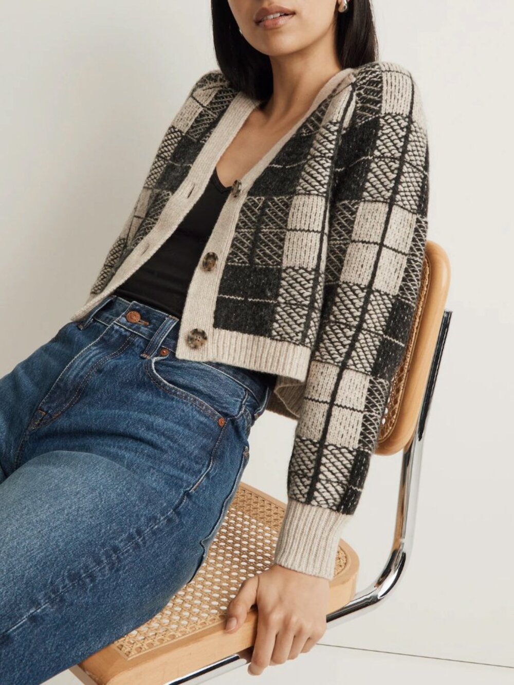 New Madewell Wool Blend Plaid Cropped Cardigan Oyster Charcoal Small $118